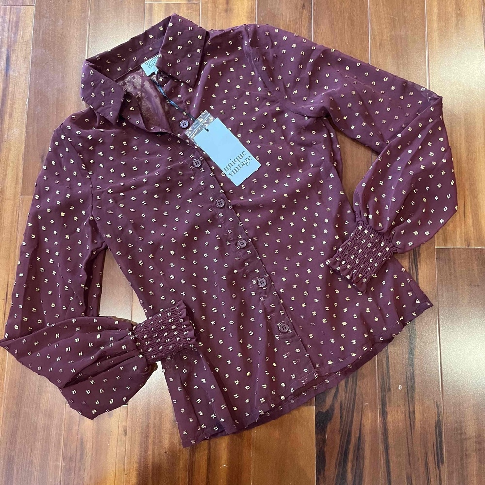 New NWT Unique Vintage Maroon Burgundy Gold Dot Printed Button Down Shirt Top XS